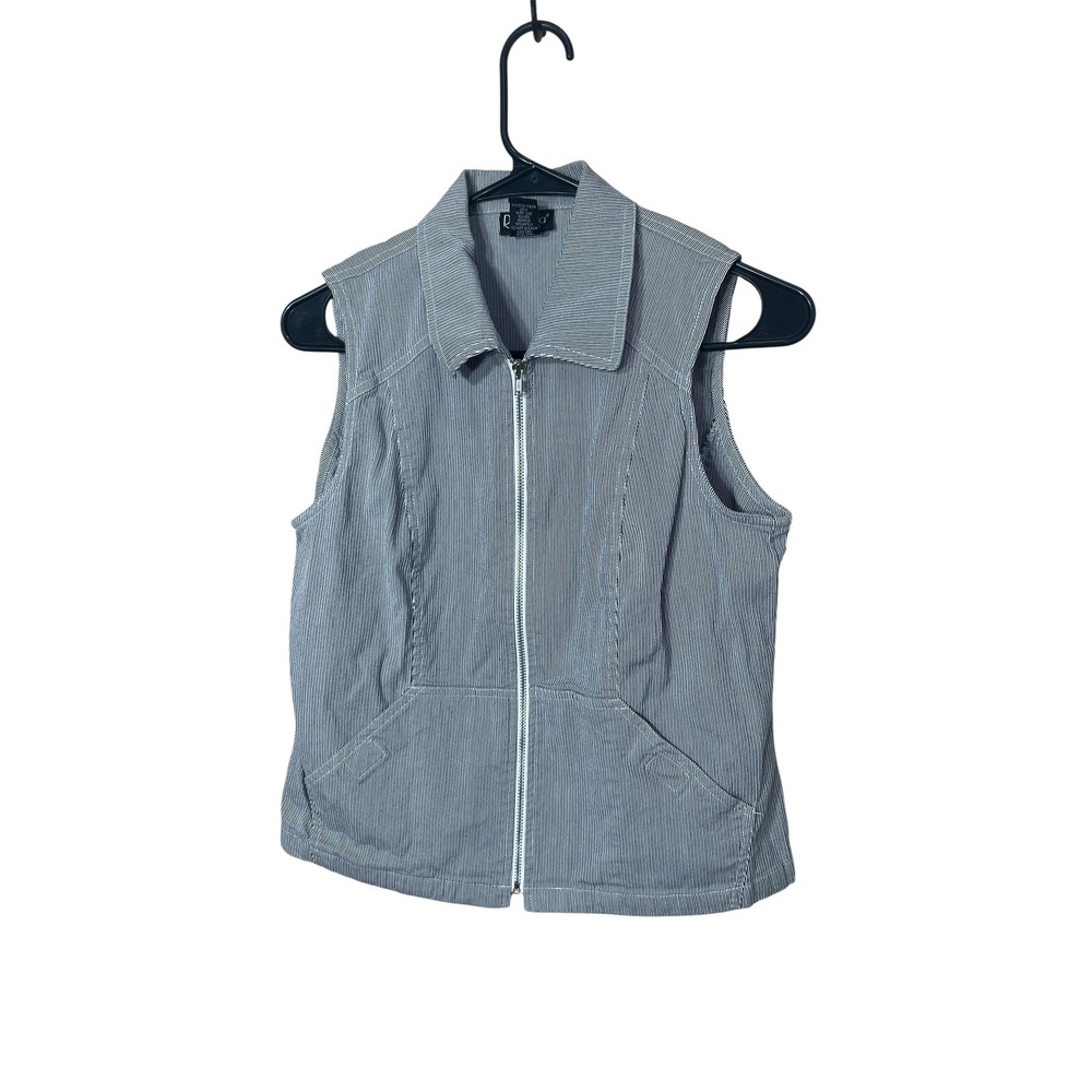 Vintage Rafaella Petites Striped Vest Womens 8P Gray Sleeveless Zip Up‎ Collared